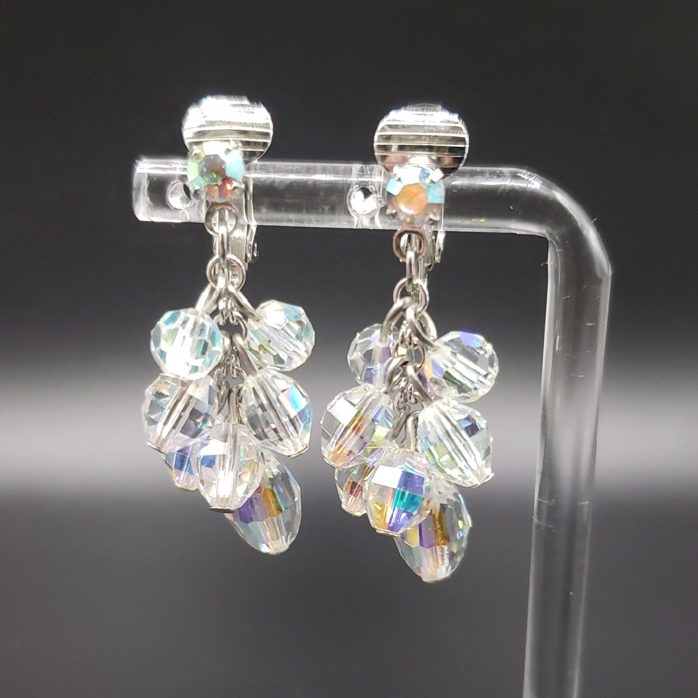 Vintage Aurora Borealis Austrian Crystal Bead Clip Earrings